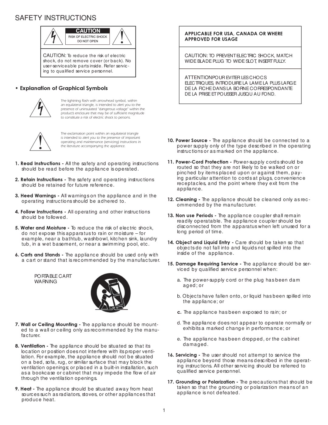 SpeakerCraft CINEMA SUB 12, CINEMA SUB 8, 10 Safety Instructions, Applicable for USA, Canada or Where Approved for Usage 